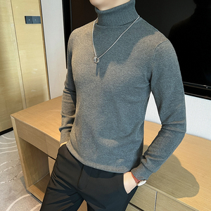 羊毛 高领长袖毛衣针织衫男士修身打底衫男长袖内搭灰色W6009-P57，男装T恤，星座197