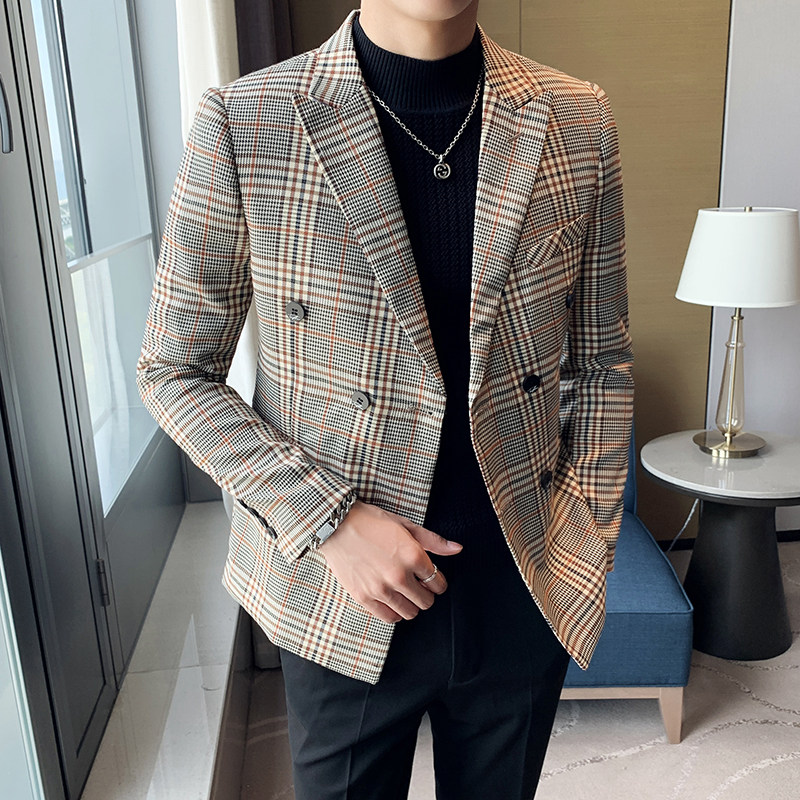 2024秋装双排扣格子痞帅韩版修身西装外套千鸟格男西服DX75-P155,男装西服,星座197