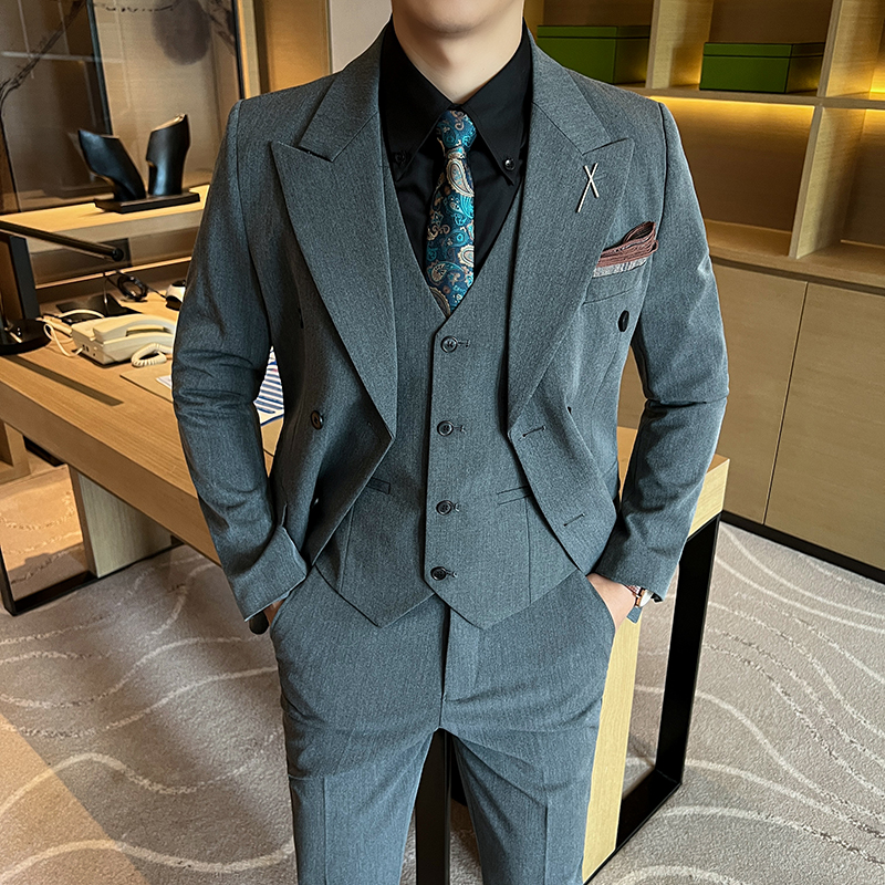 新款高品质大码西装男套装双排扣新郎结婚礼服中灰SJT2404-P210，男装休闲套装，星座197