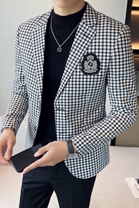 2025新款秋冬千鸟格休闲西服网红小西装胸章格子外套DX2207-P155图片