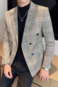 2024秋装 双排扣格子痞帅韩版修身西装外套千鸟格男西服DX75-P155图片
