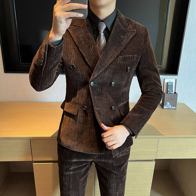高品质 雪尼尔西装男套装双排扣修身小西服咖啡外套LJT2405-P230图片