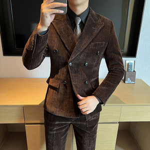 高品质 雪尼尔西装男套装双排扣修身小西服咖啡外套LJT2405-P230图片