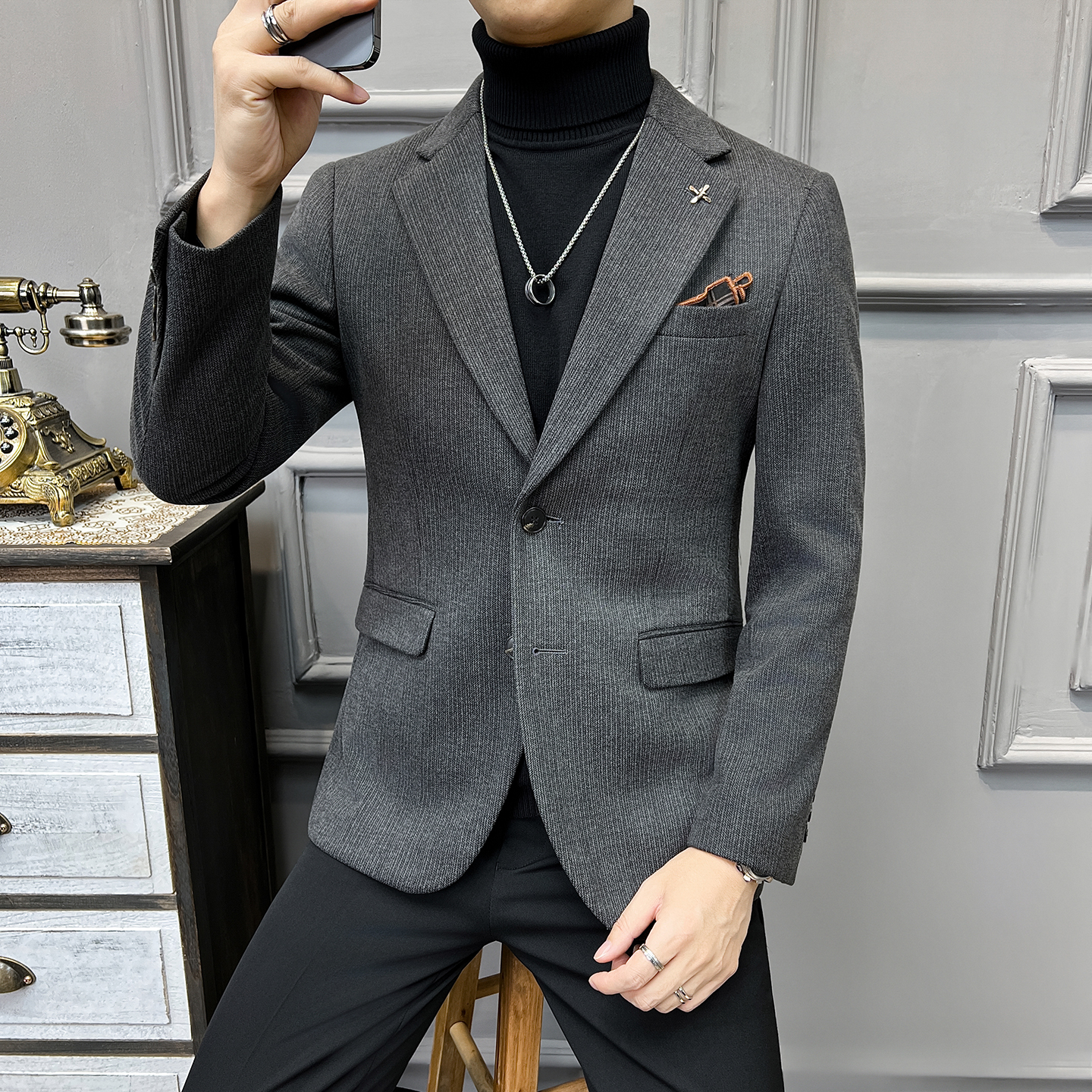 高品质毛呢加厚保暖西装男外套暗条纹灰色休闲西服DX6692-P155，男装西服套装，星座197