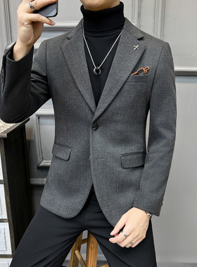 高品质毛呢加厚保暖西装男外套暗条纹 灰色休闲西服DX6692-P155