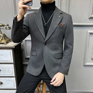 高品质毛呢加厚保暖西装男外套暗条纹 灰色休闲西服DX6692-P155，男装西服套装，星座197