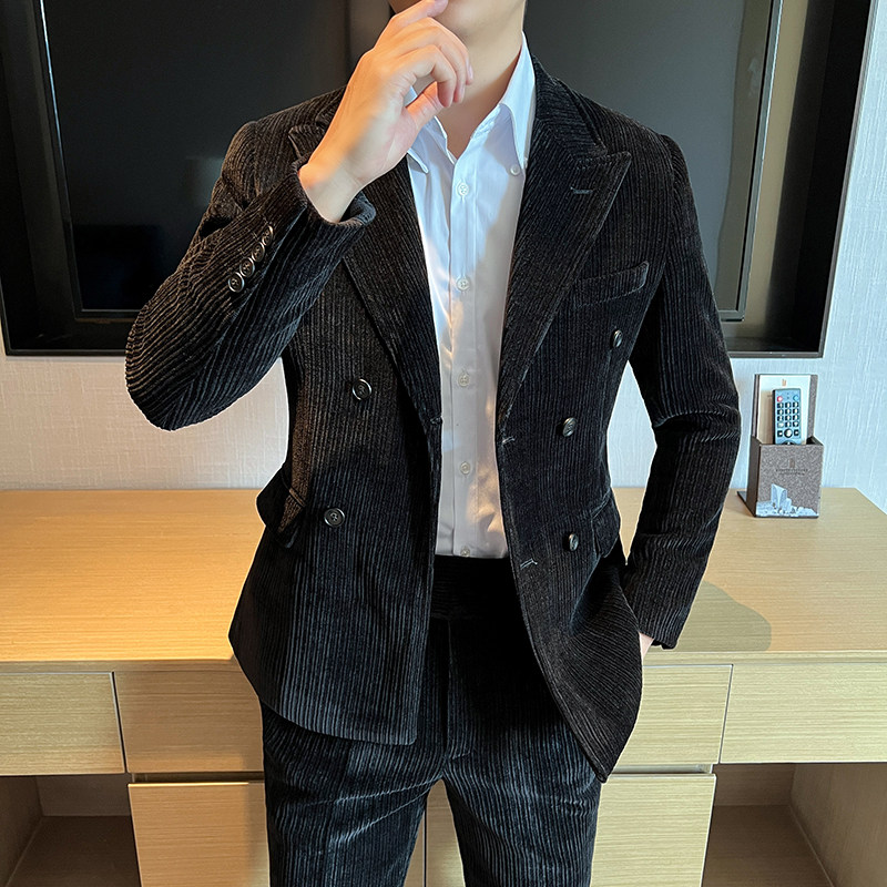 高品质雪尼尔西装男套装双排扣修身小西服咖啡外套LJT2405-P230,男装西服套装,星座197