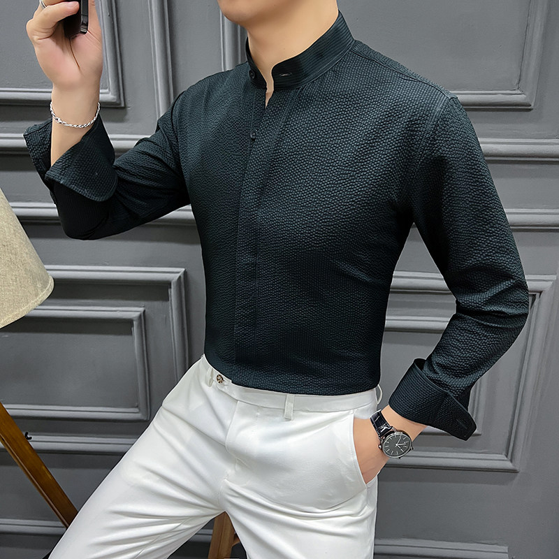 2024春装新款定制面料泡泡纱新中式立领暗扣个性衬衫CS651-P88,男装衬衫,星座197