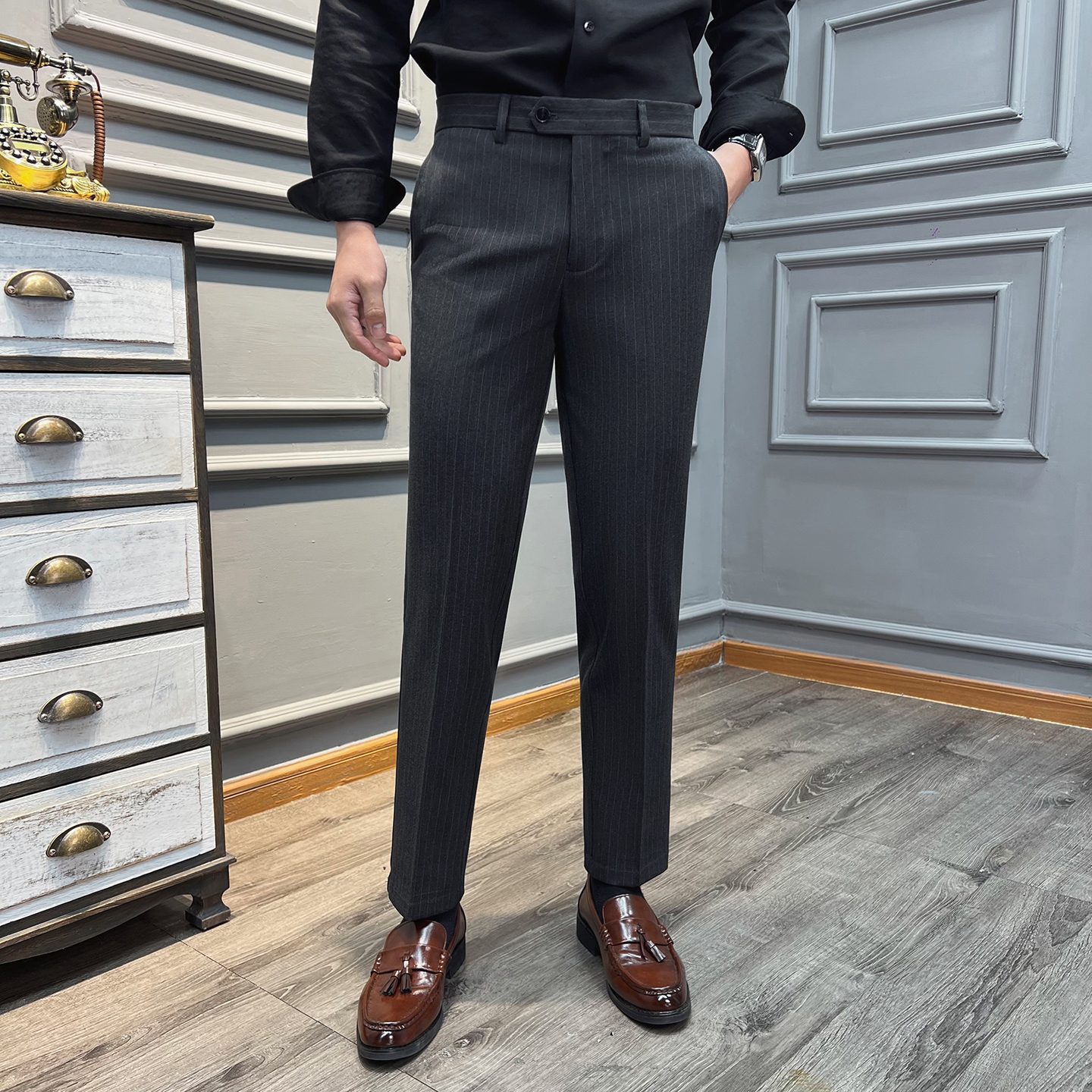 秋冬条纹商务职业通勤上班西装裤休闲西裤长裤子灰色XK2501-P70，男装西服套装，星座197