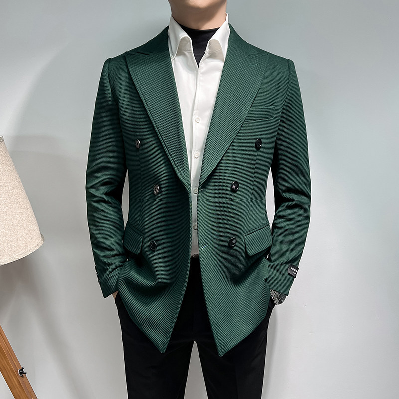 2025新款男士华夫格双排扣休闲西装咖啡色外套DX6614-P155,男装西服,星座197