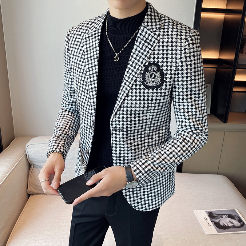 2025新款秋冬千鸟格休闲西服网红小西装胸章格子外套DX2207-P155,男装西服,星座197