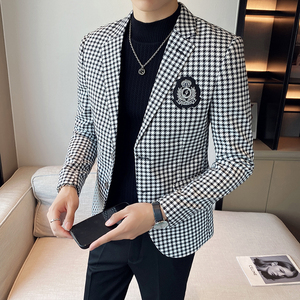 2025新款秋冬千鸟格休闲西服网红小西装胸章格子外套DX2207-P155图片