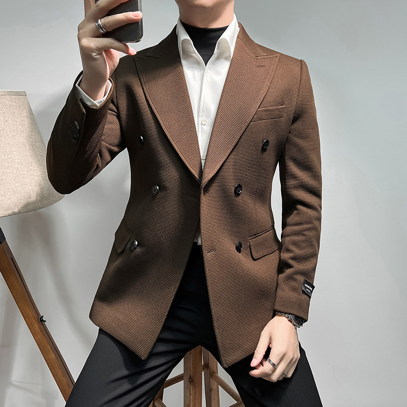 2025新款男士华夫格双排扣休闲西装咖啡色外套DX6614-P155，男装西服，星座197
