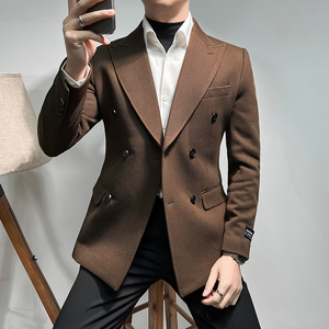 2025新款男士华夫格双排扣休闲西装咖啡色外套DX6614-P155,男装西服,星座197