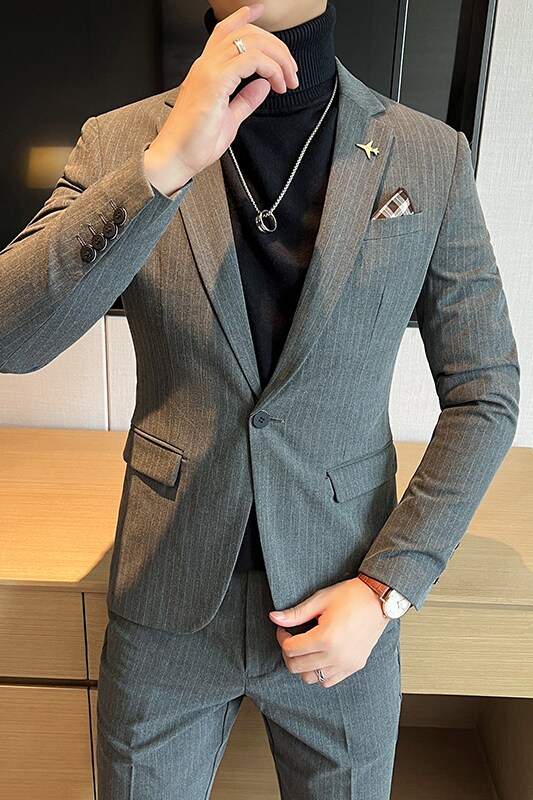 一粒扣西装男套装男士修身条纹西服正装新郎结婚礼服LJT6668-P205,男装西服套装,星座197