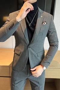 一粒扣西装男套装男士修身条纹西服正装新郎结婚礼服LJT6668-P205图片