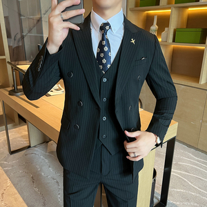双排扣西装男套装男士修身条纹西服正装新郎结婚礼服SJT6667-P265图片