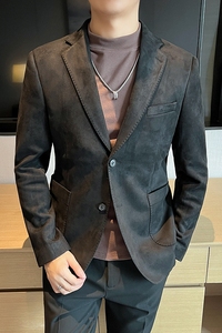 高品质麂皮绒西装外套男修身高级感西服男黑色单西男XZ5533-P155图片