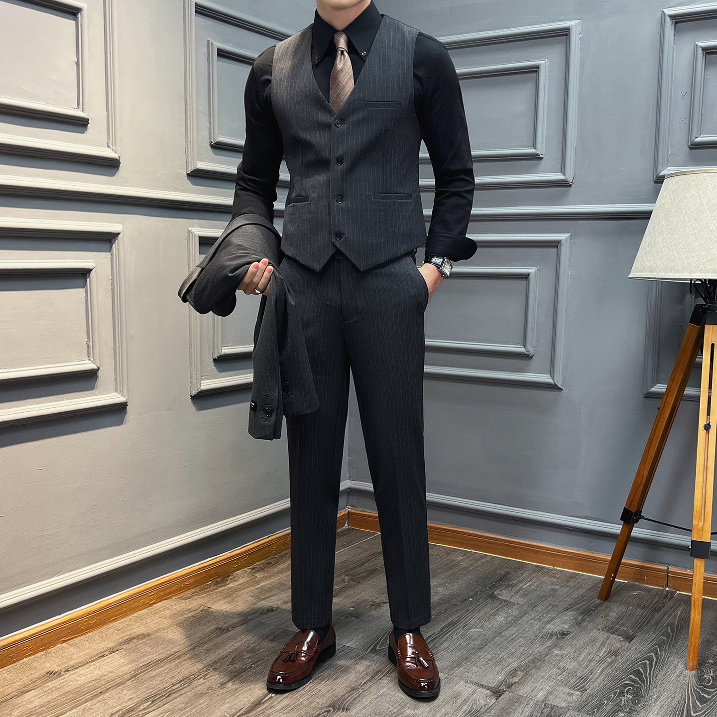 高品质条纹马甲男通勤职业婚礼马夹黑色马甲套装MJT2501-P130,男装休闲套装,星座197