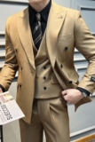真袖叉双排扣纯色西装男套装商务结婚三件套咖啡SJT5502-P280，男装西服套装，星座197