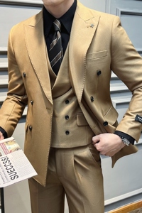 真袖叉 双排扣 纯色西装男套装商务结婚三件套 咖啡 SJT5502-P280图片
