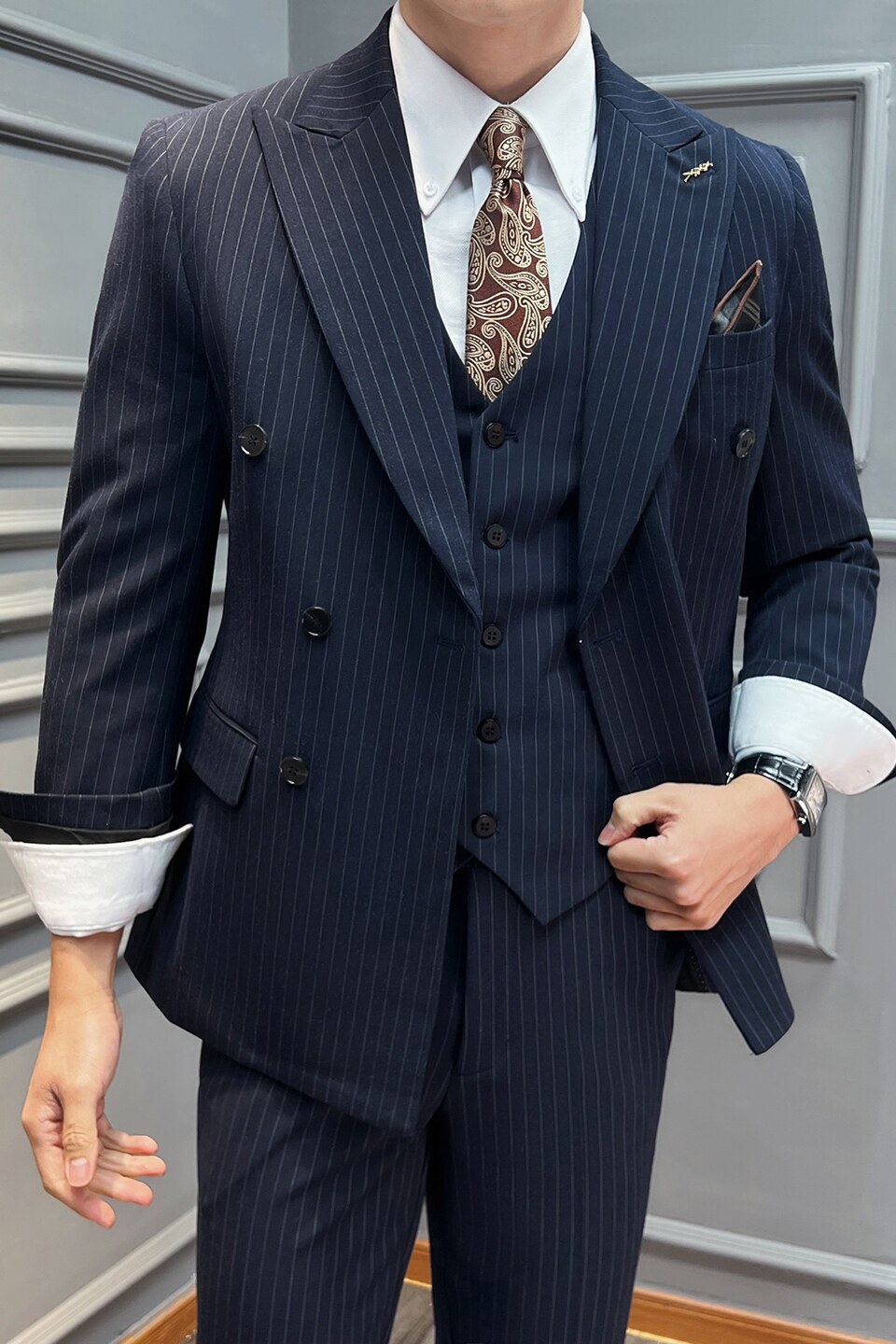 真袖叉双排扣条纹西装男套装商务结婚三件套藏青SJT2502-P280,男装西服套装,星座197