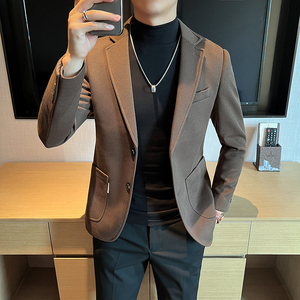 2025春秋新款华夫格西装男士格子西服咖啡色外套DX6613-P155图片