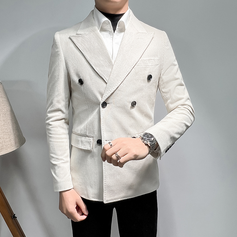 新款灯芯绒男士双排扣高品质保暖休闲米白色西装外套DX8812-P155，男装西服套装，星座197