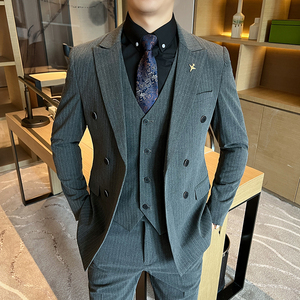 双排扣西装男套装男士修身条纹西服正装新郎结婚礼服SJT6667-P265图片