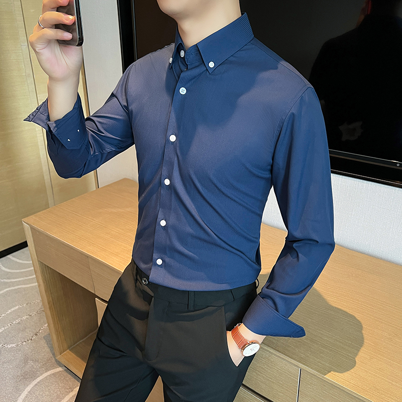 2025春夏定制面料痞帅细条纹白色男士扣领衬衣白色CS027-P75，男装衬衫，星座197