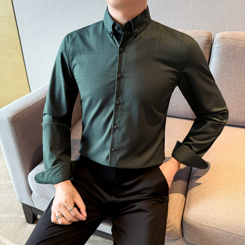 新款 竹纤维几何打底衫通勤衬衣修身扣领衬衫 L码~5XL CS248-P73