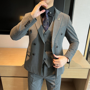 双排扣西装男套装男士修身条纹西服正装新郎结婚礼服SJT6667-P265图片