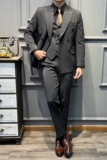 真袖叉双排扣条纹西装男套装商务结婚三件套灰色SJT2502-P280，男装西服套装，星座197