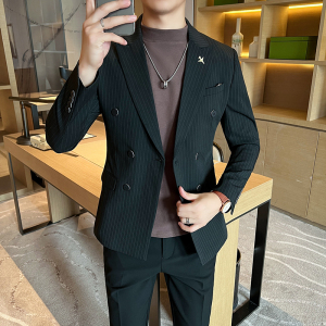 高品质 西装男士商务职业双排扣条纹西服新郎礼服 DX6667-P140图片