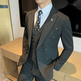 双排扣西装男套装男士修身条纹西服正装新郎结婚礼服SJT6667-P265，男装西服套装，星座197