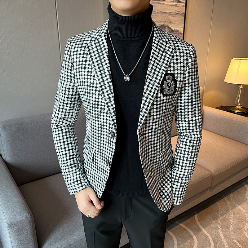 高品质新款潮流千鸟格休闲西服网红小西装胸章外套DX2207-P155,男装西服套装,星座197