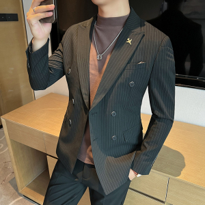 高品质 西装男士商务职业双排扣条纹西服新郎礼服 DX6667-P140图片