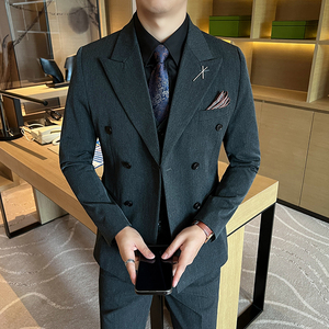新款高品质大码西装男套装双排扣新郎结婚礼服中灰SJT2404-P210,fgo俄里翁礼服搭配图片