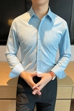 高品质定制面料莫代尔泡泡纱条纹男士蓝色衬衣CS903-P78，男装衬衫，星座197