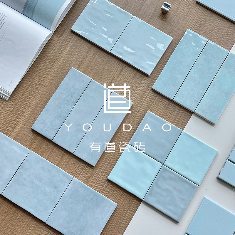 浅蓝色手工砖马赛克瓷砖厨房卫生间墙砖韩式咖啡厅民宿商业背景墙