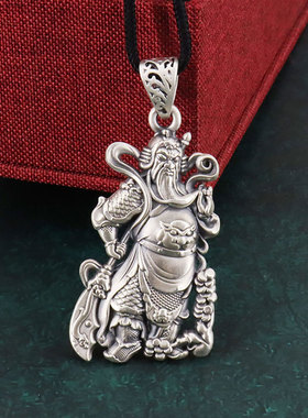 纯银999大刀关公吊坠实心复古男士挂件个性招财银饰义字银牌