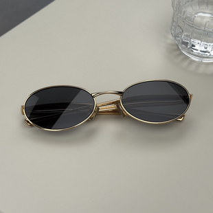 Ladygaga博主碳酸同款复古椭圆形太阳镜沙丁鱼镜腿时尚金属感墨镜