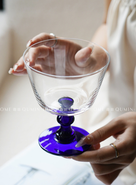 趣皿复古高级蓝杆高脚玻璃杯子小众家用特调鸡尾酒杯冷饮杯香槟杯