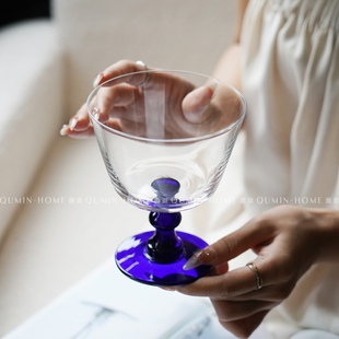 趣皿复古高级蓝杆高脚玻璃杯子小众家用特调鸡尾酒杯冷饮杯香槟杯