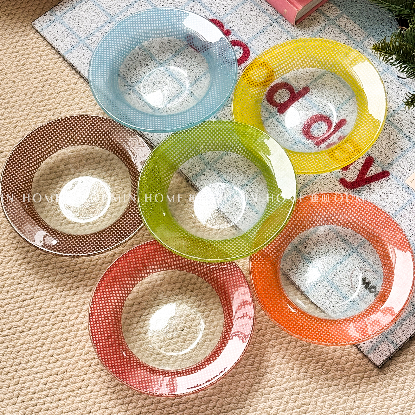 趣皿多巴胺格纹彩色圆形玻璃碗盘复古装饰酸奶碗水果碗零食碗盘