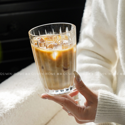 趣皿ins风竖条纹玻璃杯子复古咖啡杯冷饮杯果汁杯家用办公室水杯