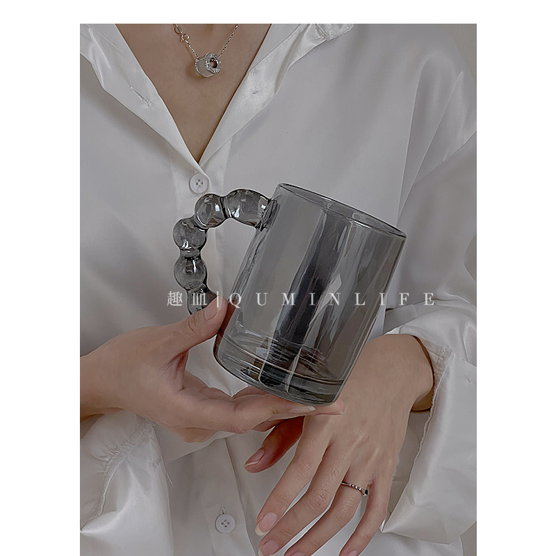 Qumin 麻花烟灰手把玻璃杯镜面ins风奶昔杯果汁杯咖啡杯牛奶杯