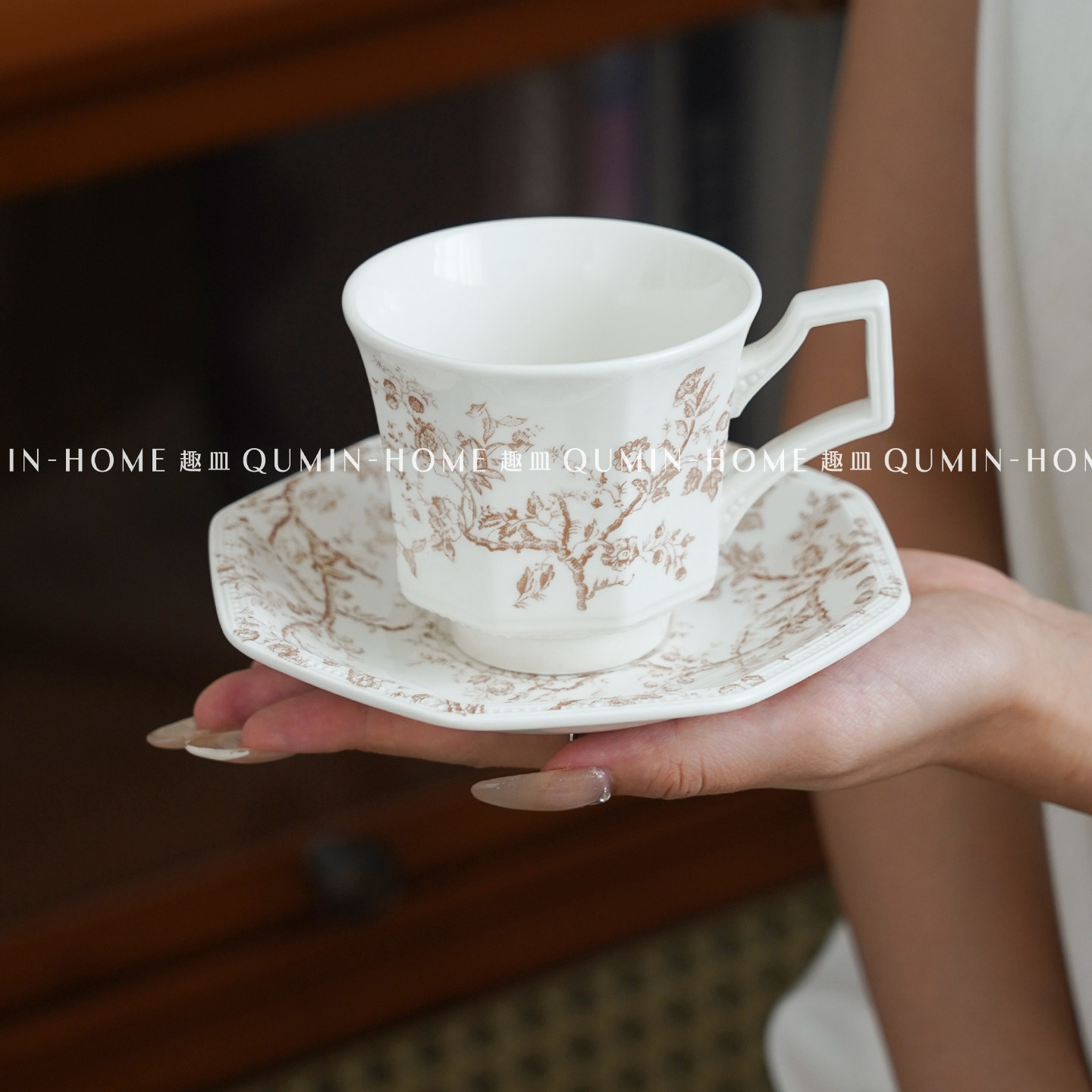 趣皿法式棕色藤曼八角咖啡杯碟精致拿铁拉花杯碟套装陶瓷马克杯子