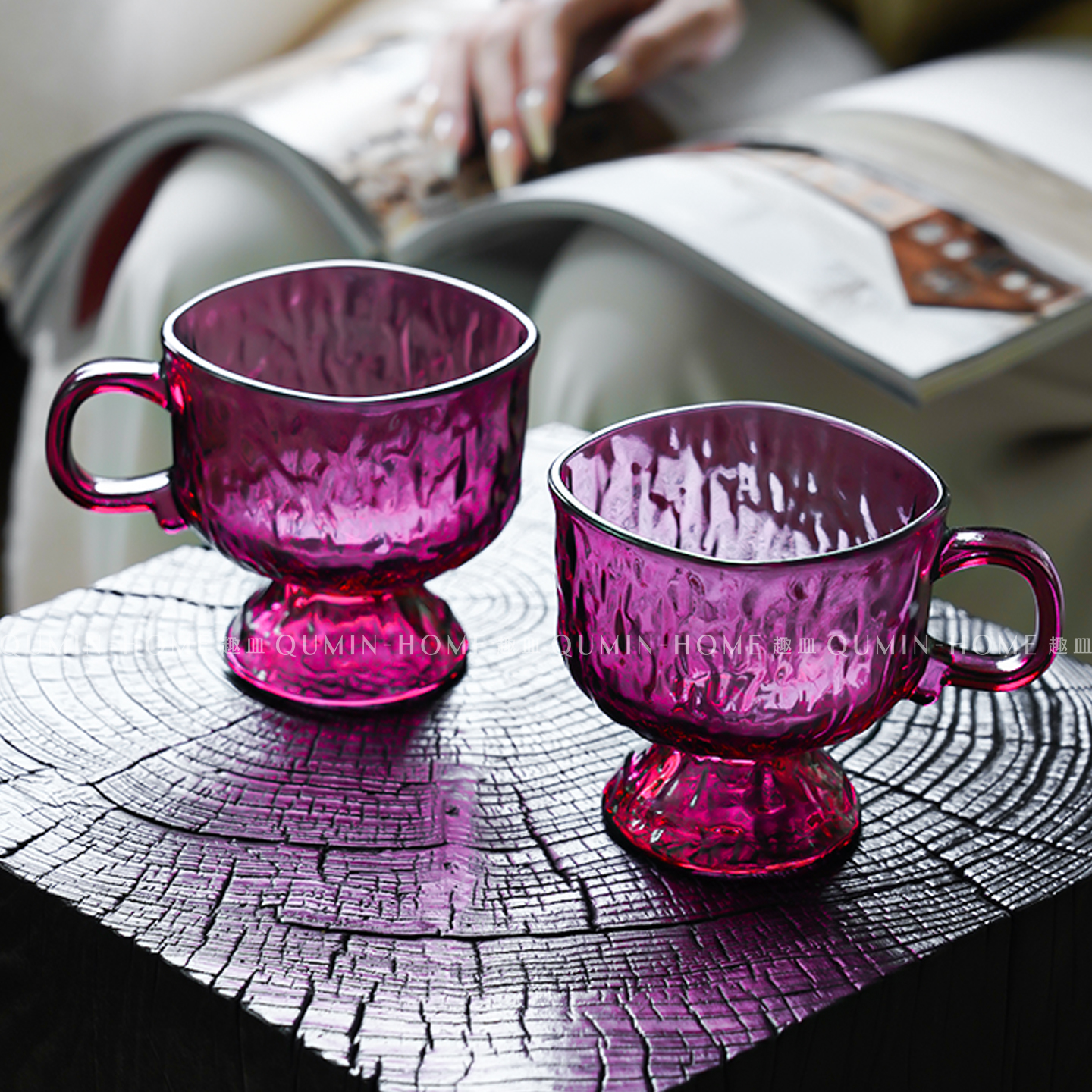 趣皿复古冰淇淋杯矮脚带把手玻璃杯布丁杯甜品杯酸奶杯冷饮喝水杯