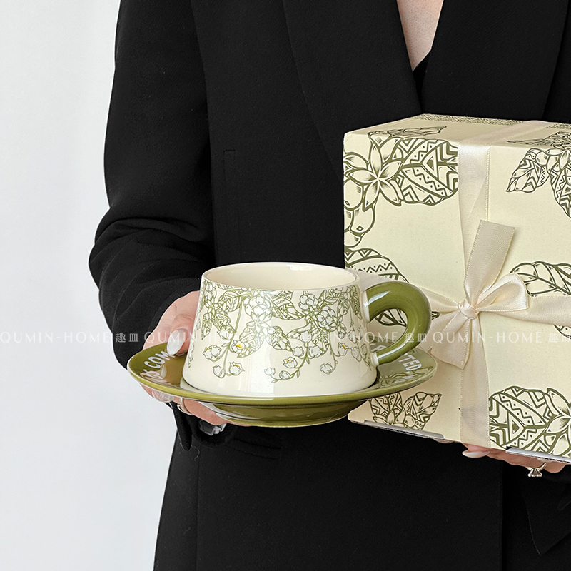 趣皿中古风油画般铃兰花咖啡杯碟套装下午茶杯拿铁杯陶瓷杯伴手礼